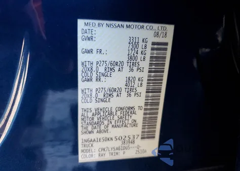 2019 Nissan Titan Sv from USA, damaged, VIN 1N6AA1E50KN502537